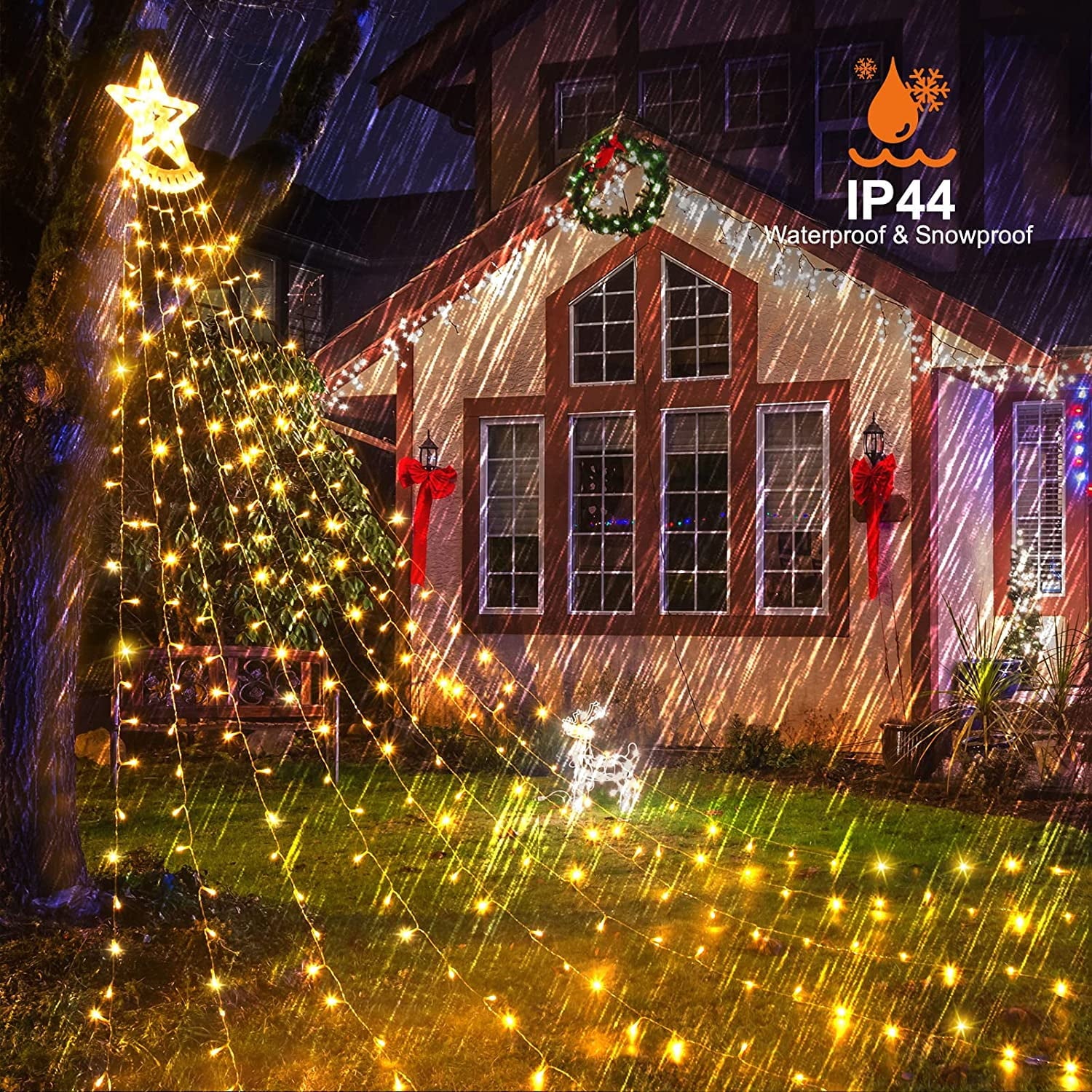 Magotan 12.5ft 350 LED Waterfall Christmas Lights Outdoor Decoration Twinkle Plug in Christmas Tree String Lights with Top Star Xmas Holiday Garden Yard Decoration, Warm White