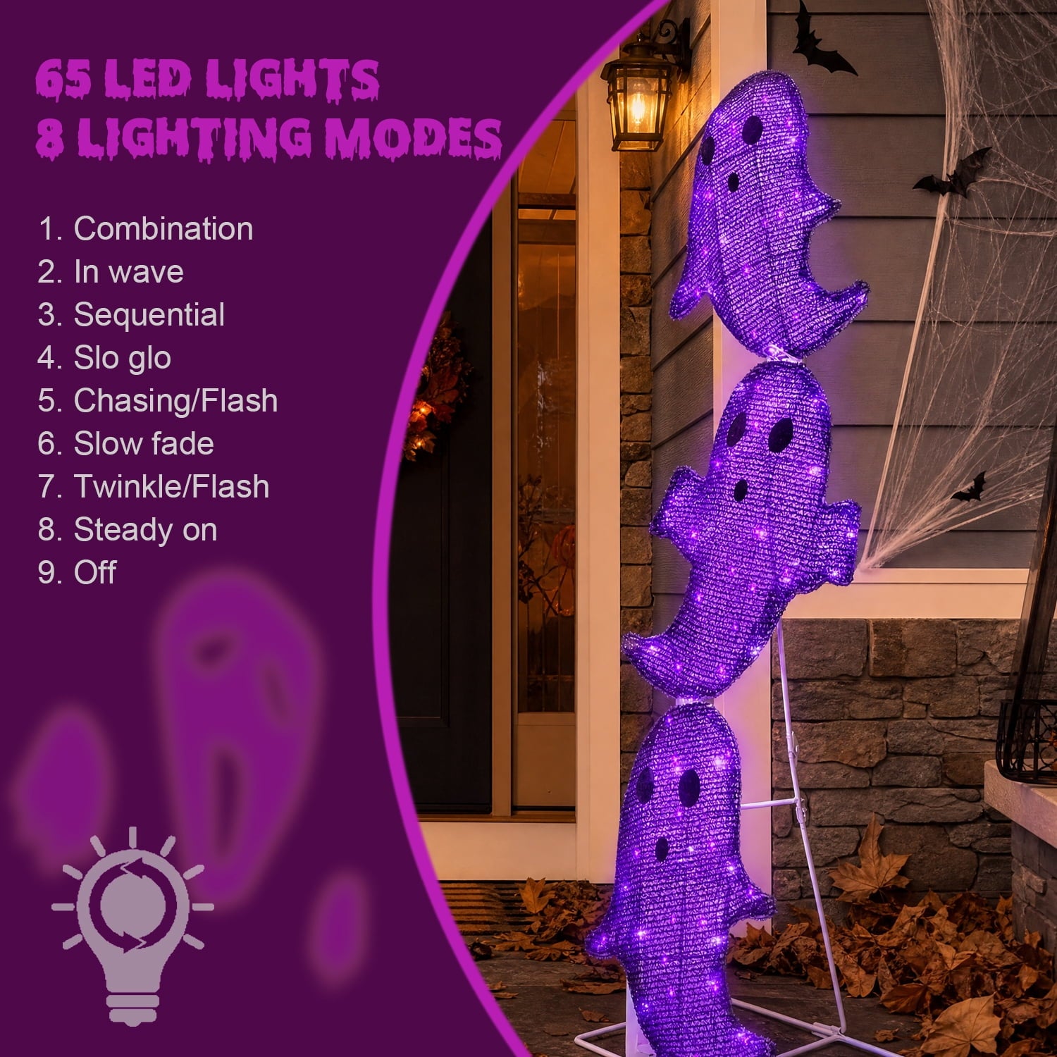 Magotan Halloween Decorations 3ft Halloween Ghost Decor Pre-Lit 65 LED Purple Light Halloween Cute Ghost Outdoor Decor for Garden Yard Home Party