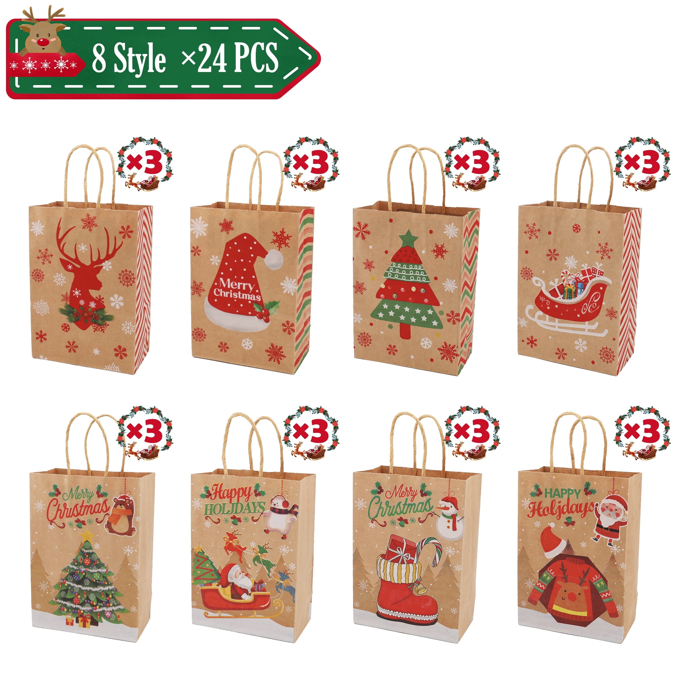 ASENEK 24 Packs Christmas Gift Bags, 8 Style of Gift Bags Small Size with Handles, Bulk Christmas Themed Kraft Bags Suitable for Christmas Party, Family Party Gift Bags