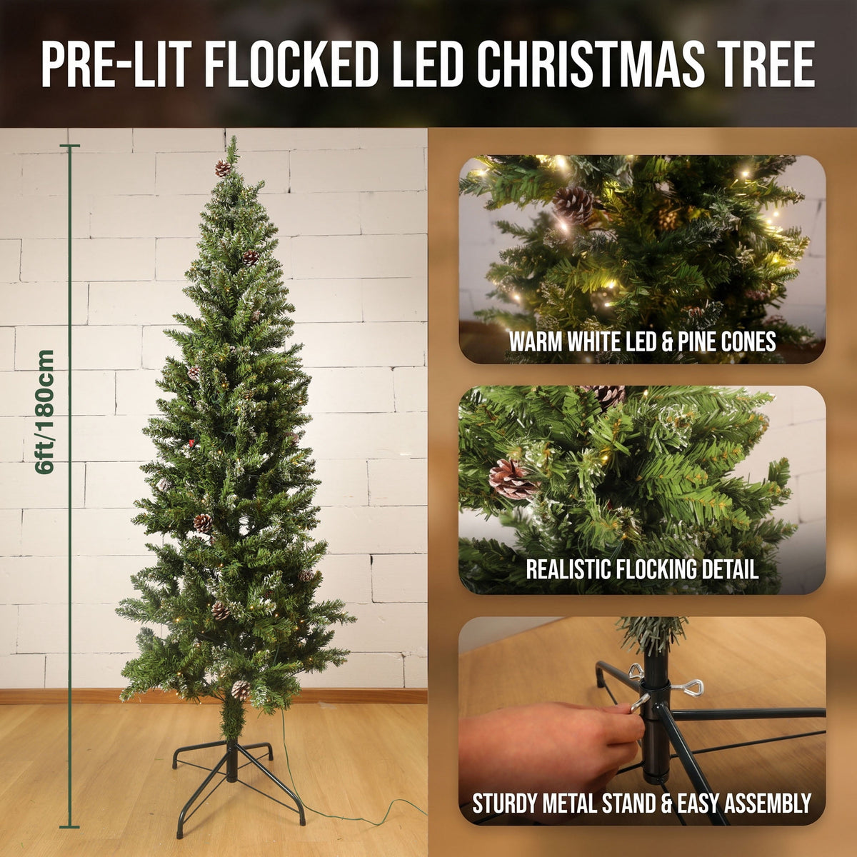 Loende 6ft Prelit Pencil Christmas Tree, 618 Branch Tips Artificial Christmas Tree with 200 LED Warm White Lights 8Modes