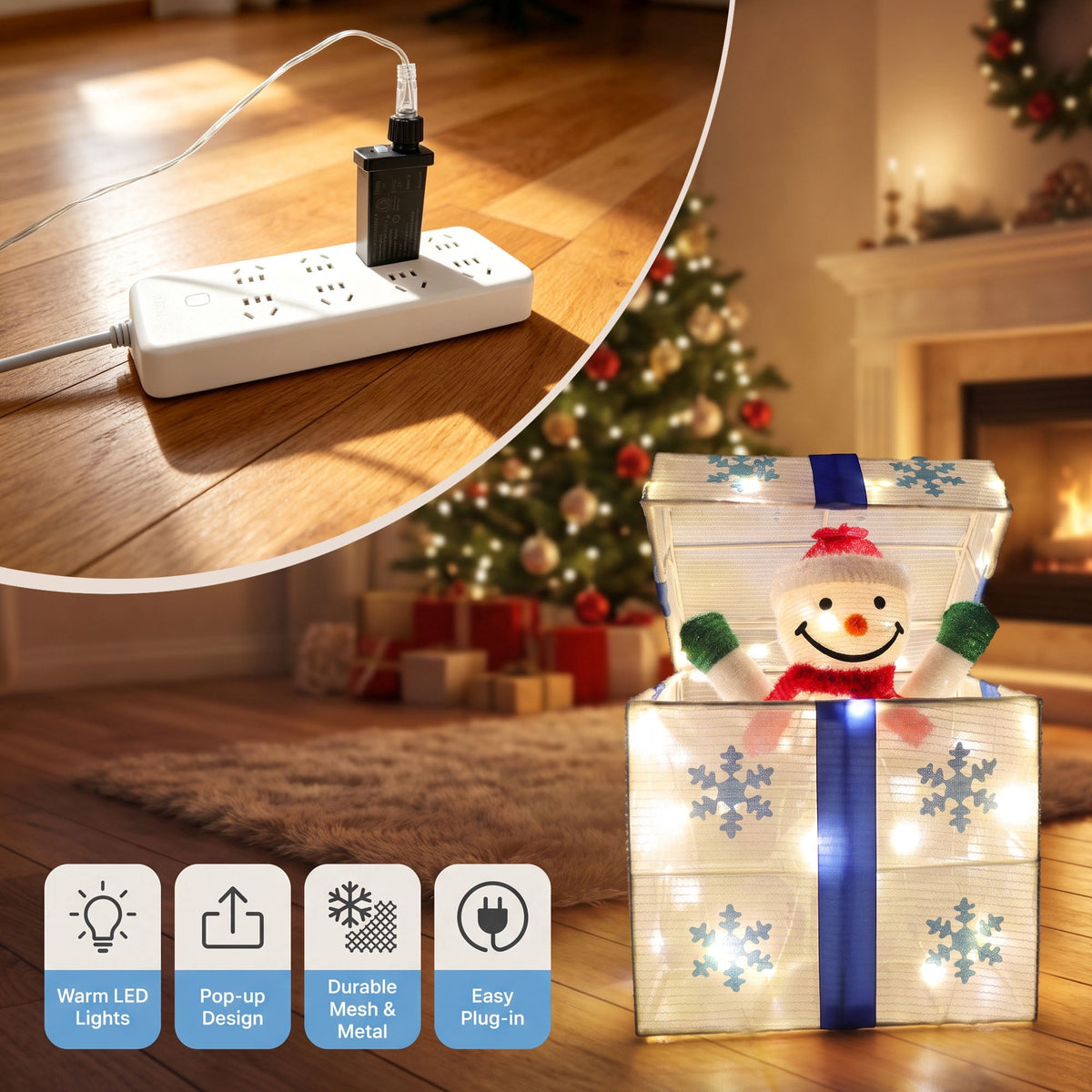Magotan Lighted Up Snowman Gift Box Christmas Decoration, Iron Frame Holiday Snowman Figure with LED Lights, Indoor Tabletop & Mantel Xmas Decor