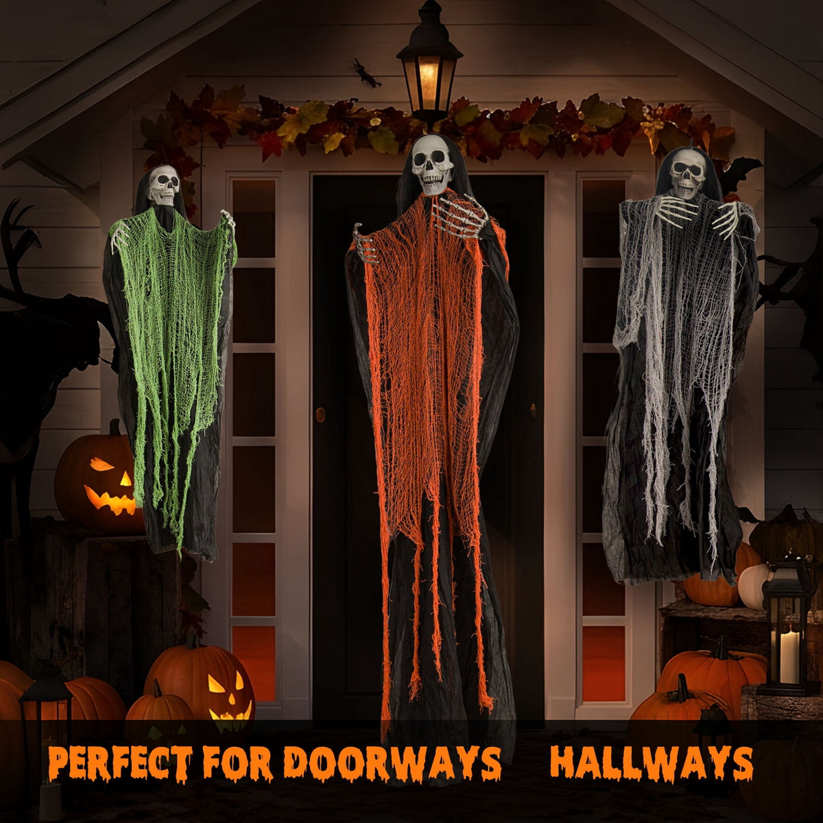 Magotan 3 Pack Halloween Outdoor Decorations Hanging Long Hair Skeleton Ghost Decorations, Spooky Ghosts Decorations for Front Porch Yard Tree